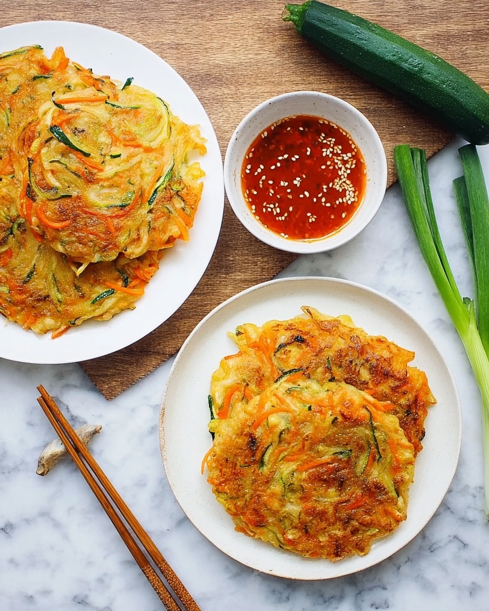 A cooked vegetable pancake is shown inside a black frying pan on a stove. The pancake has one visible layer filled with thin strips of green vegetables, white cabbage, and orange carrots spread evenly. Brown grilled mushroom slices are placed on top, adding a golden-brown color to parts of the pancake. The edges are slightly crispy and light brown, contrasting with the soft center. The pan is round and deep enough to keep the pancake well contained. The background surface is white marble. photo taken with an iphone --ar 4:5 --v 7