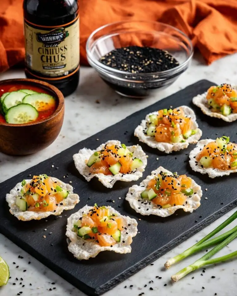 Spicy Citrus Tamari Salmon on Rice Paper Chips Recipe