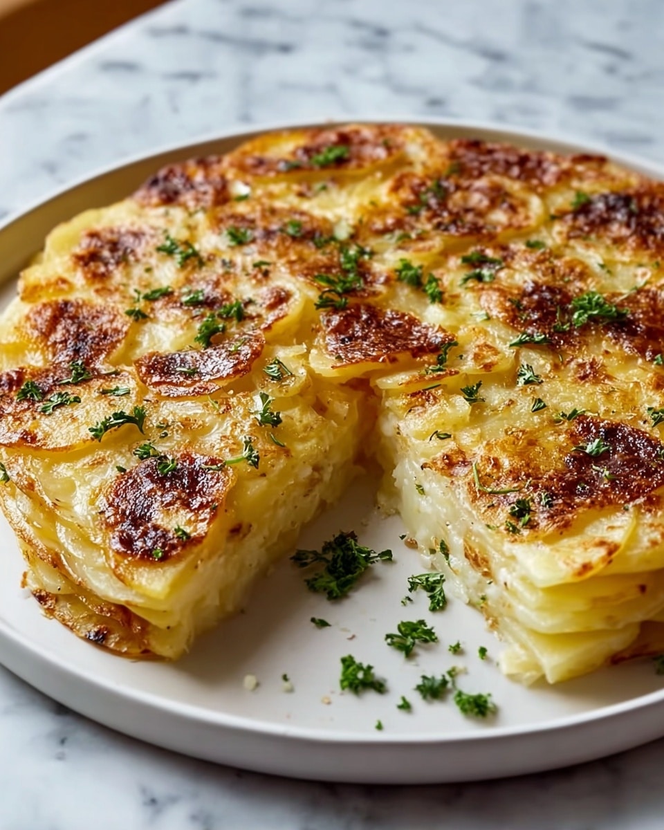 A round white plate holds a thick potato dish with about four visible layers of thin, golden-yellow potato slices stacked evenly. The top layer is browned with a crispy texture, showing darker patches and melted cheese spots. Small green parsley pieces are scattered on top and on the plate. A single slice is removed, showing creamy and soft potato layers inside. The background is a white marbled surface. Photo taken with an iphone --ar 4:5 --v 7