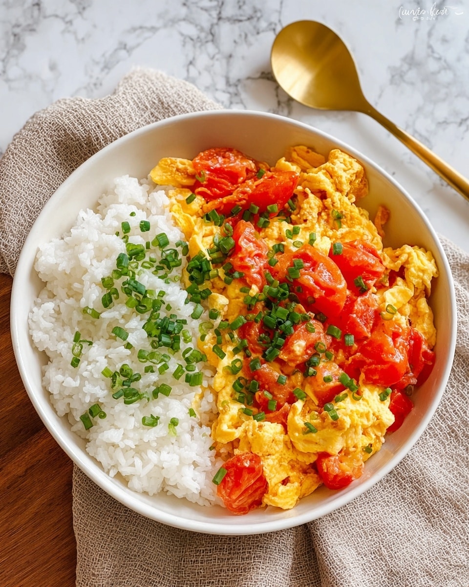 In a white bowl, there is a layer of white cooked rice taking up half the space on one side. On the other side, there is a colorful mix of scrambled eggs with bright yellow and soft texture, mixed with vibrant red pieces of cooked tomato. The egg and tomato mixture is sprinkled with small pieces of fresh green onion on top. The bowl is placed on a beige cloth with a shiny golden spoon nearby, all set on a white marbled surface. Photo taken with an iphone --ar 4:5 --v 7