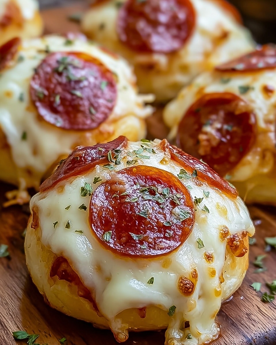 The image shows small round pizza buns with three visible layers: a golden brown dough base, a thick layer of melted white cheese covering the top and edges, and several shiny, reddish-brown pepperoni slices placed on top. The cheese looks soft and slightly stretchy, with some browned spots, while the pepperoni has a glossy, oily surface with bits of green herbs sprinkled lightly over the cheese and pepperoni. The buns are arranged close together on a wooden surface with some scattered herbs around them. photo taken with an iphone --ar 4:5 --v 7