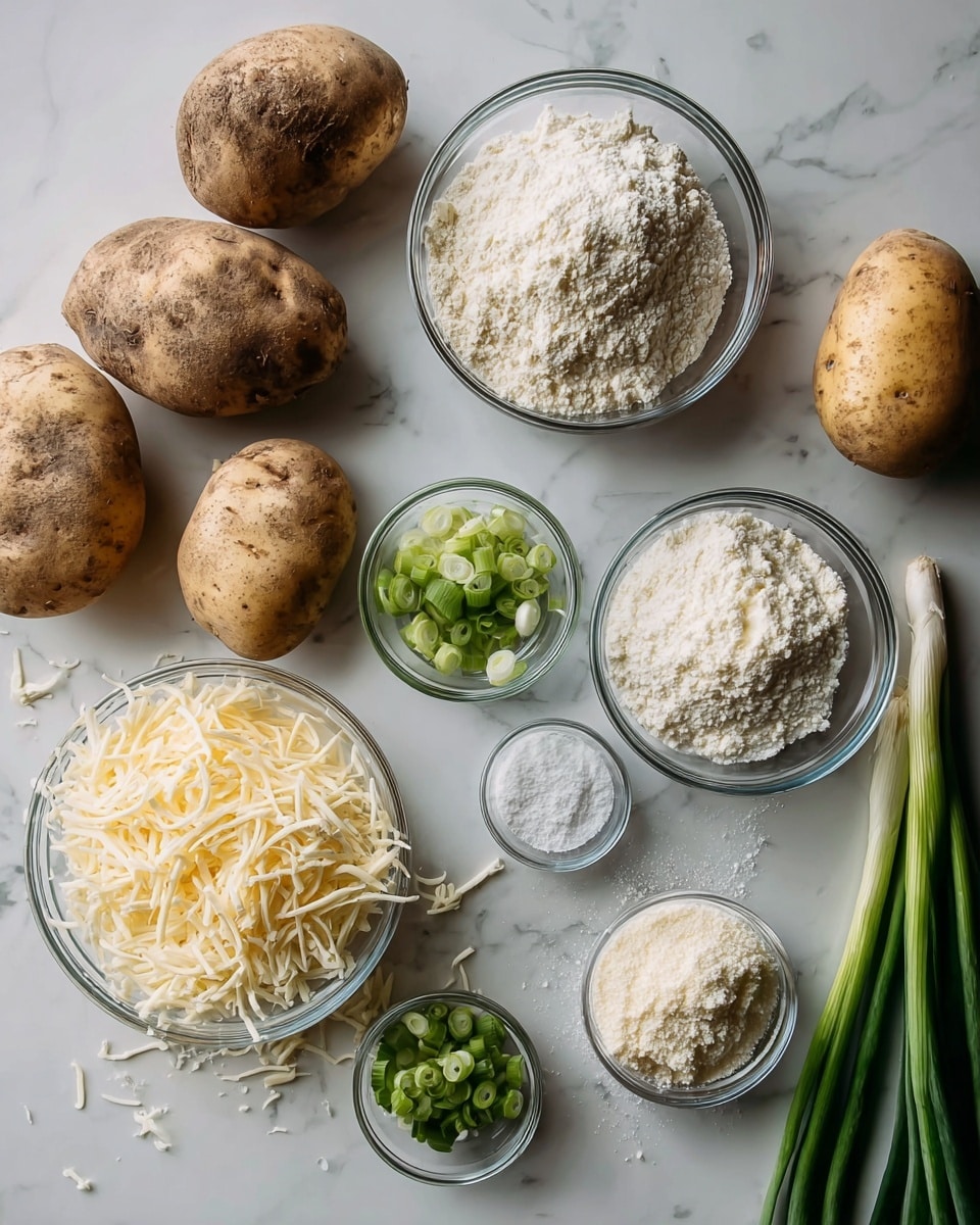 The image shows a top view of ingredients placed on a white marbled surface. There are five whole brown potatoes with some dirt on them placed near the center and upper left. Surrounding the potatoes are several small clear glass bowls filled with different white powders and shredded cheese. Two bowls contain piles of white shredded cheese, textured with thin strands, positioned on the left and the upper right. Other bowls hold fine white flour and salt. Scattered close to the center and bottom are chopped green onions in small piles and a few whole green onions lie to the far right side. Everything is neatly arranged with natural lighting highlighting the textures and colors. Photo taken with an iphone --ar 4:5 --v 7