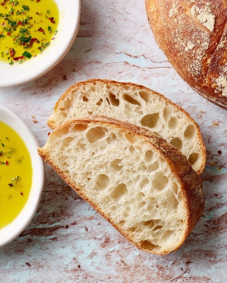 Two slices of bread lie side by side on a surface with a white marbled texture. The bread has a light brown crust with a rustic, textured look and a soft, airy inside filled with many uneven holes. To the upper left, there is a white bowl partially visible, filled with yellow olive oil, sprinkled with green herbs and a few red flakes. In the top right corner, part of a round loaf of bread with a similar crust is visible. Photo taken with an iphone --ar 4:5 --v 7