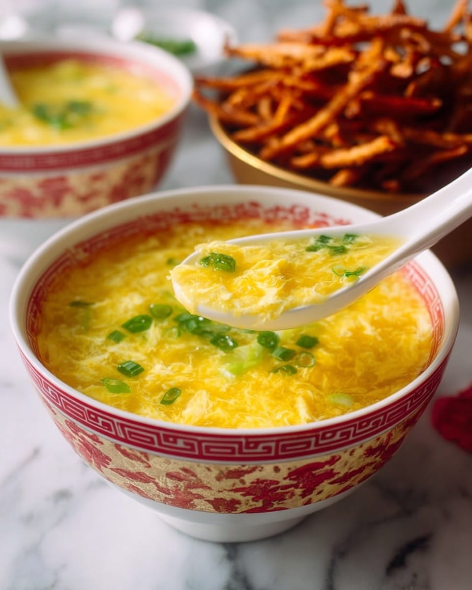A close-up of a white bowl with traditional red and gold Asian patterns filled with yellow egg drop soup that has a smooth texture with visible egg strands and green onion pieces floating on top. A white ceramic spoon scoops some soup, showing the soft, slightly thickened broth and green onion bits. In the background, there is another similar bowl of soup and a blurred brown bowl filled with fried strips of food, all set on a white marbled surface. photo taken with an iphone --ar 4:5 --v 7