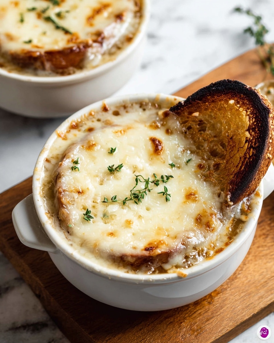 The image shows six round white ramekins arranged on a rectangular metal baking tray with a worn surface. Each ramekin is filled with a layered dish topped with a golden brown melted cheese crust sprinkled with small green herb leaves. The cheese layer has browned edges, and some melted cheese has spilled down the sides. The dish inside has a rich, slightly textured surface suggesting multiple layers beneath the cheese topping. The baking tray rests on a white marbled surface. Photo taken with an iphone --ar 4:5 --v 7