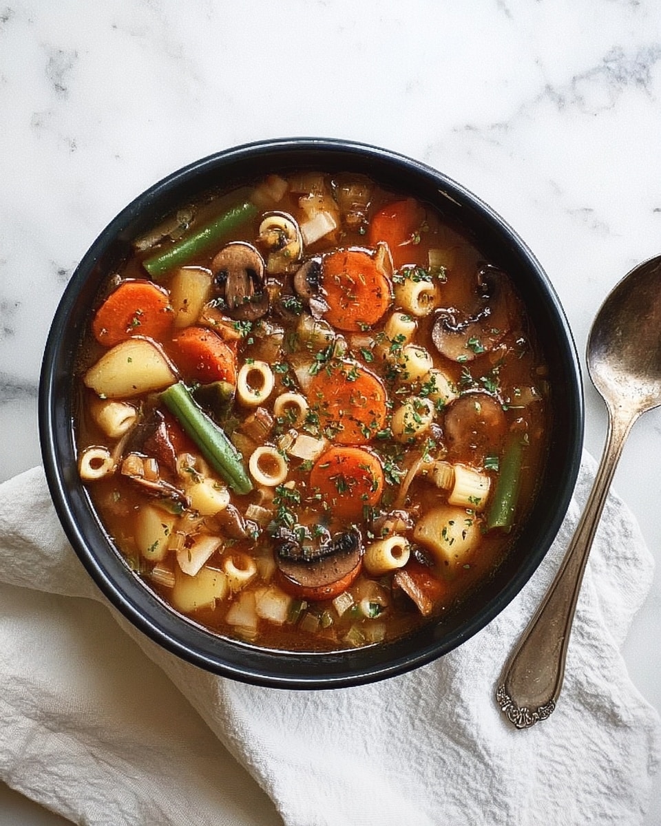 Vegetable Beef Soup with Pasta, Mushrooms, and Herbs Recipe - Recipe Image