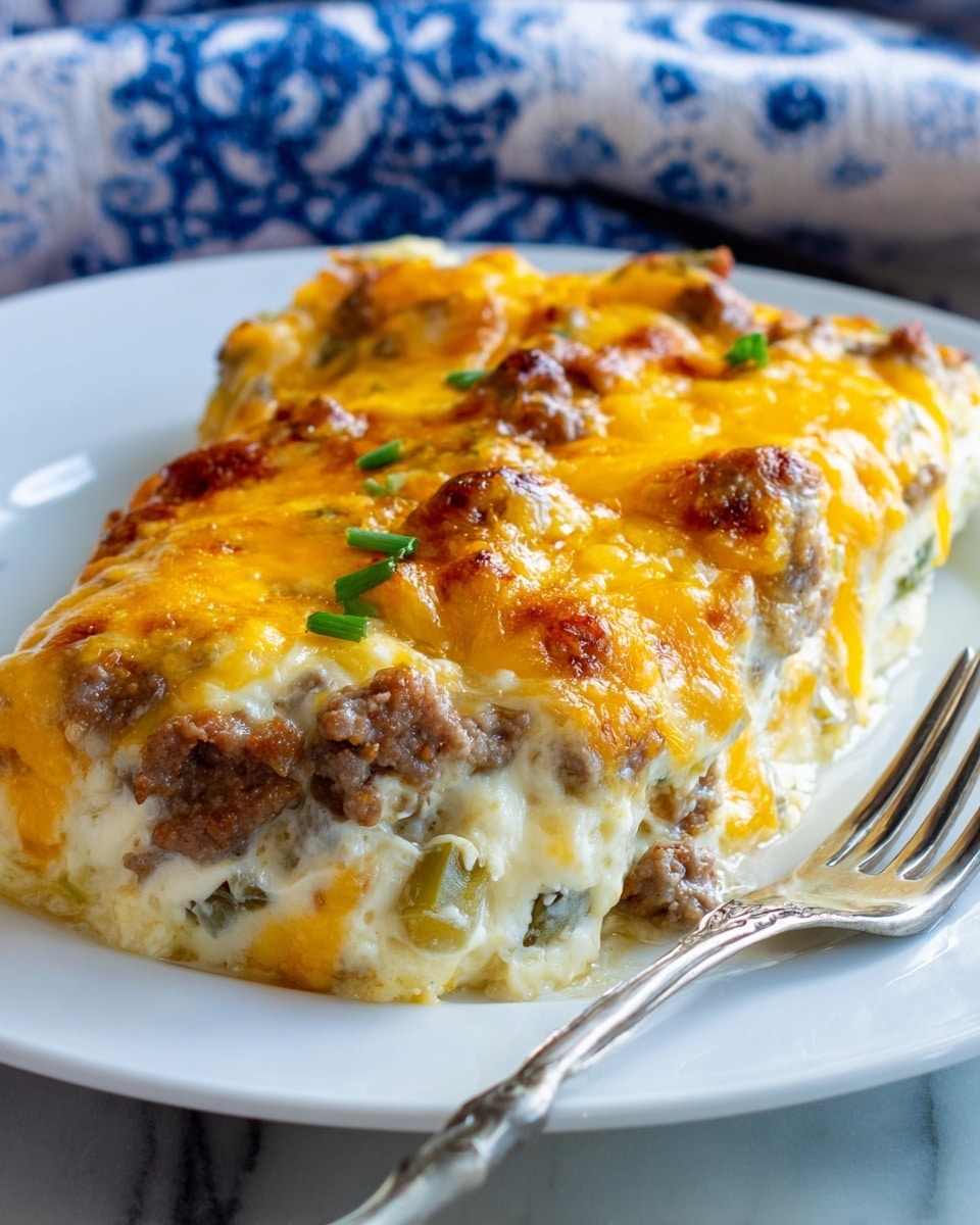 The dish is a thick slice of layered casserole on a white plate with a fork on the side. The bottom layer is a pale creamy white sauce with green bits visible inside. Above this, there are pieces of cooked browned meat mixed with more creamy sauce. The top layer is golden and orange melted cheese, slightly browned in some spots, covering the whole slice unevenly. The casserole looks soft and rich, with the melted cheese layer having a bubbly texture. The plate is placed on a fabric with blue and white patterns and a white marbled surface is faintly visible around. Photo taken with an iphone --ar 4:5 --v 7