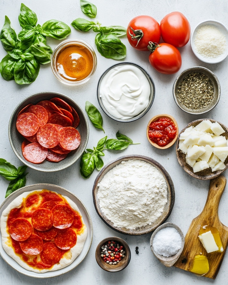 The image shows a Christmas tree shaped mini pizza arrangement on a white tray. The pizza tree has five layers, each made of small round mini pizzas stacked in a triangular design. The base layer has four mini pizzas topped with melted cheese, red pepperoni slices, and scattered green basil leaves. The next above layer has three mini pizzas with the same toppings, followed by a two-mini pizza layer, then a single mini pizza forming the top of the tree. The top mini pizza is decorated with a star-shaped yellow cheese piece. Green basil strips act like garlands across the middle layers, and more grated cheese is sprinkled on top for a snow effect. The tray is on a white marbled surface with a red and white striped towel partly visible. photo taken with an iphone --ar 4:5 --v 7