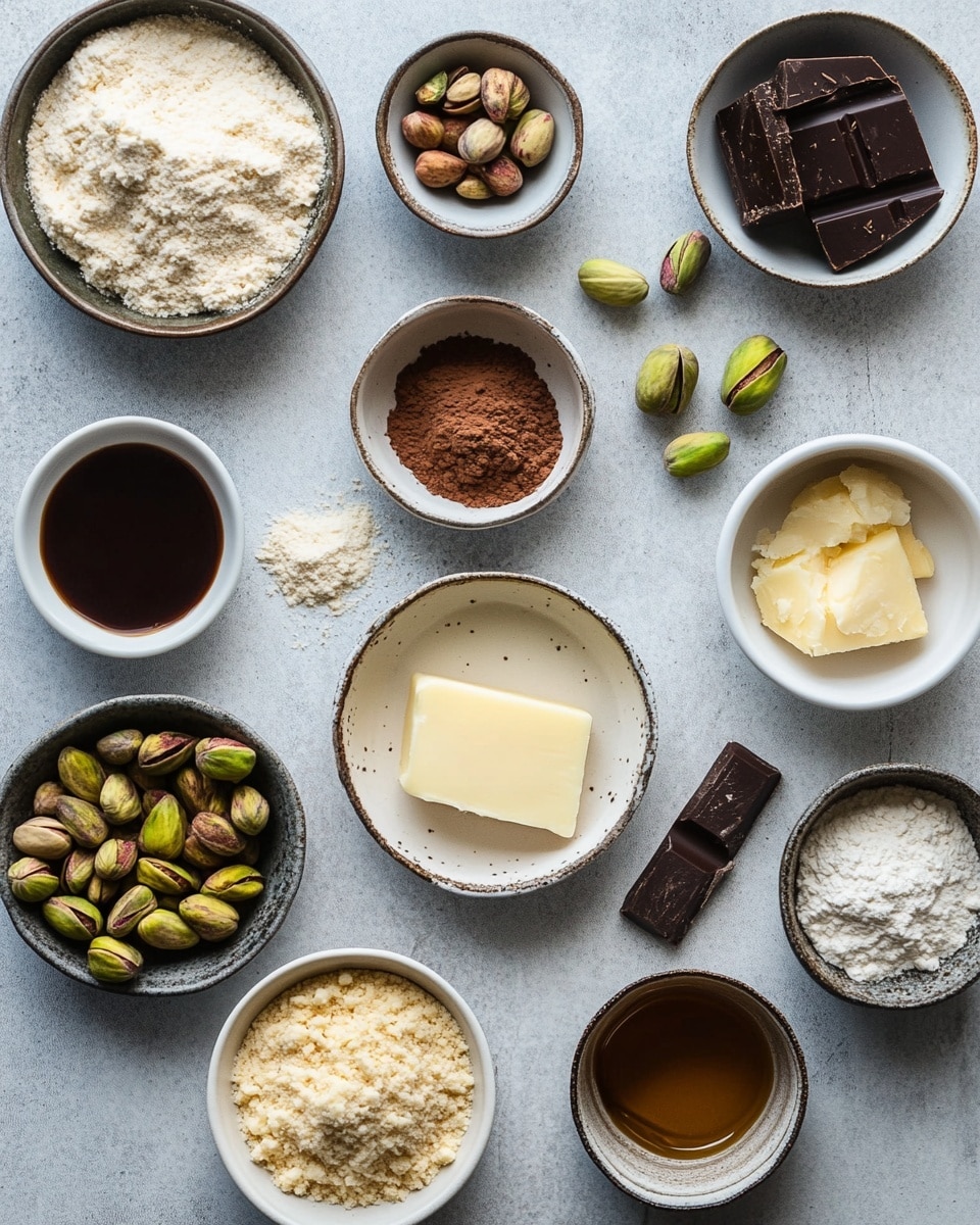 A group of round chocolate cookies spread out over a white marbled surface. Each cookie has a smooth dark brown top layer with thin dark chocolate drizzles across them. Bright green crushed pistachios are scattered unevenly over the cookies, adding texture and color. Two cookies are split to show a yellowish filling inside, contrasting with the dark exterior. Some whole pistachios and chocolate drips are scattered around the cookies, enhancing the casual arrangement. A white bowl filled with whole pistachios is placed on the side. photo taken with an iphone --ar 4:5 --v 7