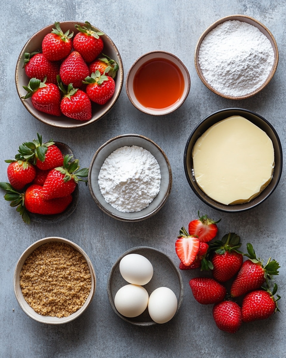 The image shows small, round cheesecakes on a white plate with a white marbled surface background. Each cheesecake has three layers: a bottom layer of golden brown crumbly crust, a thick middle layer of creamy pale yellow cheesecake, and a top layer of white whipped cream piped in ruffled lines. Atop the whipped cream is a bright red strawberry turned upside down like a pointed hat, dusted with powdered sugar. Right below each strawberry hat is a small round beige candy or decorative element acting like a nose. Around the cheesecakes are whole strawberries with green leaves, also dusted lightly with powdered sugar. The photo taken with an iphone --ar 4:5 --v 7