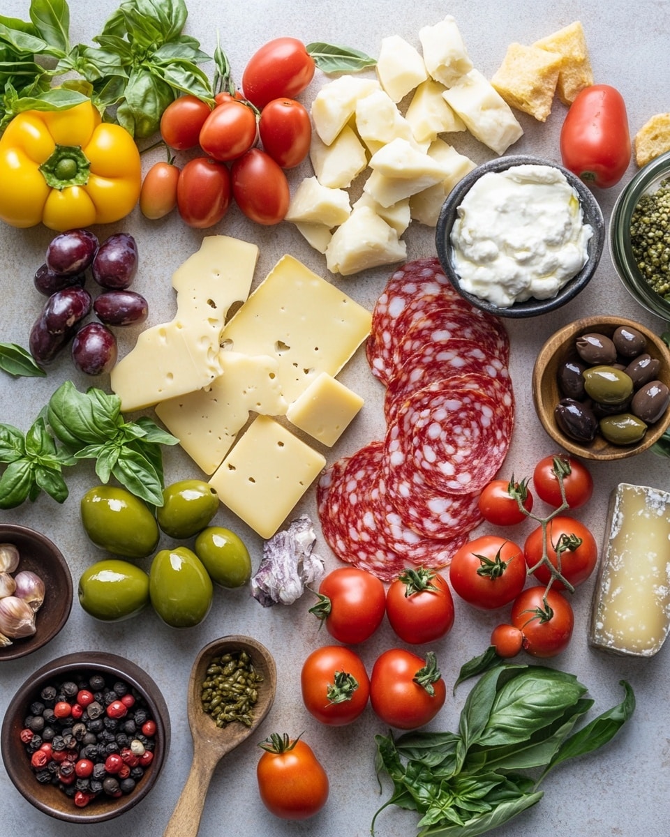The image shows a circular wreath made of small skewers with multiple layers of food, placed on a white plate over a white marbled surface. The base layer consists of fresh rosemary sprigs with green needle-like leaves. On top of the rosemary, there are folded slices of red salami, bright red cherry tomatoes, black and green olives, small white mozzarella balls, pale yellow artichoke hearts, light green cubes of herb-covered cheese, and small pickles. The ingredients are arranged densely around the wreath in a balanced mix of colors and textures, each skewer holding a combination of these items, accented with tiny green leaves for garnish. The overall look is colorful, fresh, and arranged to resemble a festive wreath. Photo taken with an iphone --ar 4:5 --v 7