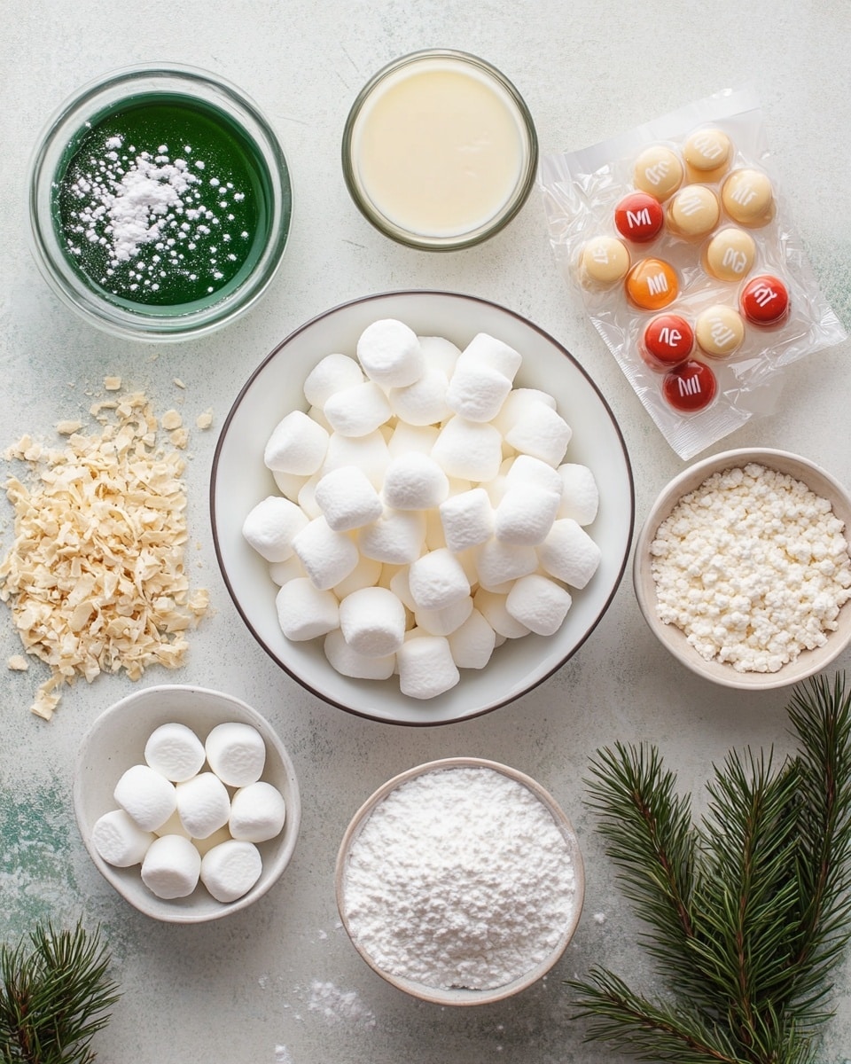 The image shows several small wreath-shaped treats made of bright green clusters, likely cereal or a similar ingredient, that have a rough, bumpy texture. Each wreath has a hole in the middle and is decorated with three small, shiny red round candies that look like berries, placed in groups around the wreaths. The treats rest on a white marbled surface, which provides a clean and light background that contrasts with the green and red colors of the wreaths. The overall look is festive and bright. photo taken with an iphone --ar 4:5 --v 7