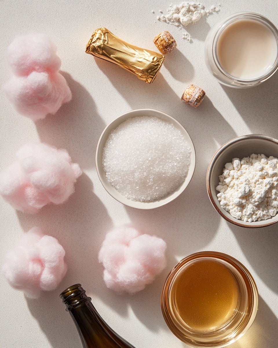 Two clear cocktail glasses stand on a white marbled surface. Each glass contains a vibrant orange liquid filling about two-thirds of the glass. Sitting atop the liquid in the front glass is a fluffy pink cotton candy layer that spreads slightly over the rim in soft, wispy clouds. The second glass in the background mirrors the same structure but is slightly out of focus. A blurred white flower and a white bowl are faintly visible in the background, adding softness to the scene. photo taken with an iphone --ar 4:5 --v 7