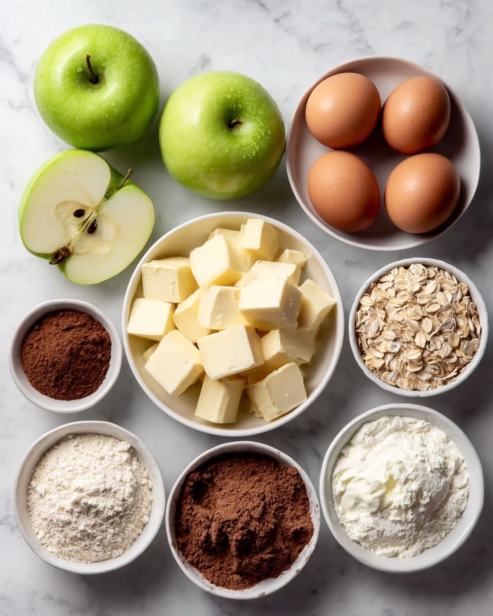 The image shows various baking ingredients arranged neatly on a white marbled surface. There are two whole green apples and one half apple placed next to a white bowl filled with light brown granulated sugar on the upper left side. Nearby, five brown eggs are positioned in a cluster. A large white bowl filled with cocoa powder sits on the right side with a smaller white bowl filled with rolled oats below it. On the left bottom corner, a white bowl contains pale yellow cubes of butter. Next to it, a small white bowl holds white flour, and right above it is a small white bowl filled with a creamy white substance. The colors range from the green of the apples to the brown of the cocoa and sugar, with soft creams and whites, all set against the smooth white marbled texture. Photo taken with an iphone --ar 4:5 --v 7