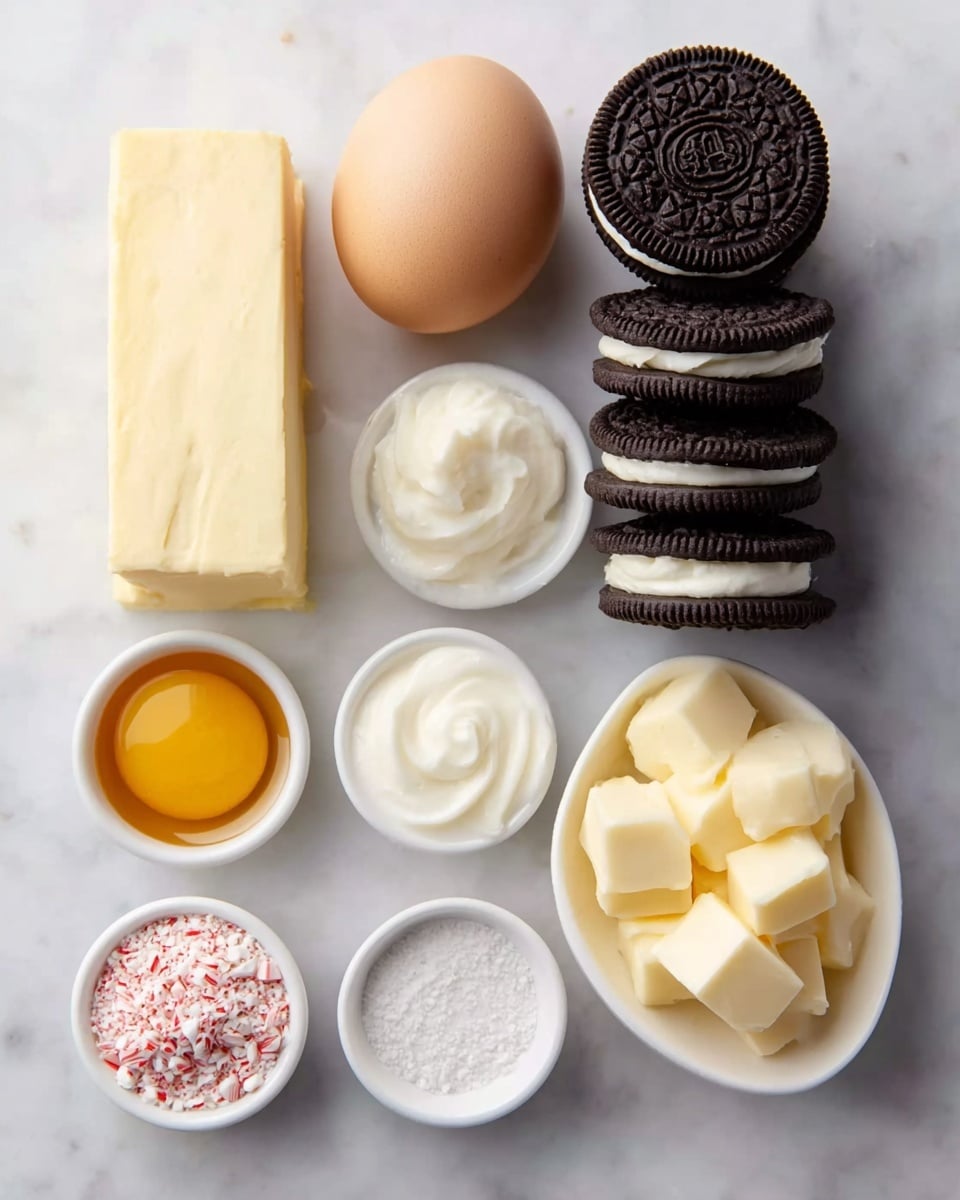 The image shows seven ingredients arranged neatly on a white marbled surface. There is a block of pale cream cheese at the top left, next to a smooth light brown egg. To the right, a tall stack of five dark chocolate sandwich cookies with white cream filling sits. Below the cream cheese and egg, there are small white bowls holding clear golden honey, smooth white sour cream, crushed red and white peppermint candy, fine white flour, and cubed pale yellow butter. The arrangement is clean and simple. Photo taken with an iphone --ar 4:5 --v 7