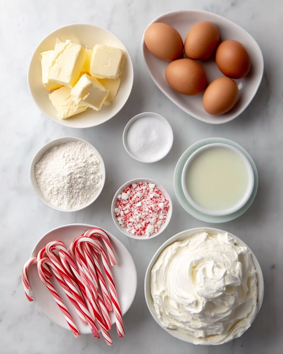 The image shows a flat lay of baking ingredients on a white marbled surface. In the center is a large white bowl filled with white flour, its texture loose and powdery. Above the flour are four brown eggs arranged closely together. To the top left, a white plate holds creamy, soft butter with uneven scoops and a pale yellow color. Below the butter is a small white bowl with fine white granulated sugar. On the bottom left, two red and white striped candy canes lie side by side, next to a small white bowl filled with crushed red and white peppermint pieces. To the right of that is a small white bowl containing a translucent liquid, likely milk. Below the flour bowl is a white bowl with thick, creamy white frosting with soft swirls. Another small white bowl of white granulated sugar is positioned between the frosting and peppermint pieces. Everything is neatly arranged and ready for baking, photo taken with an iphone --ar 4:5 --v 7