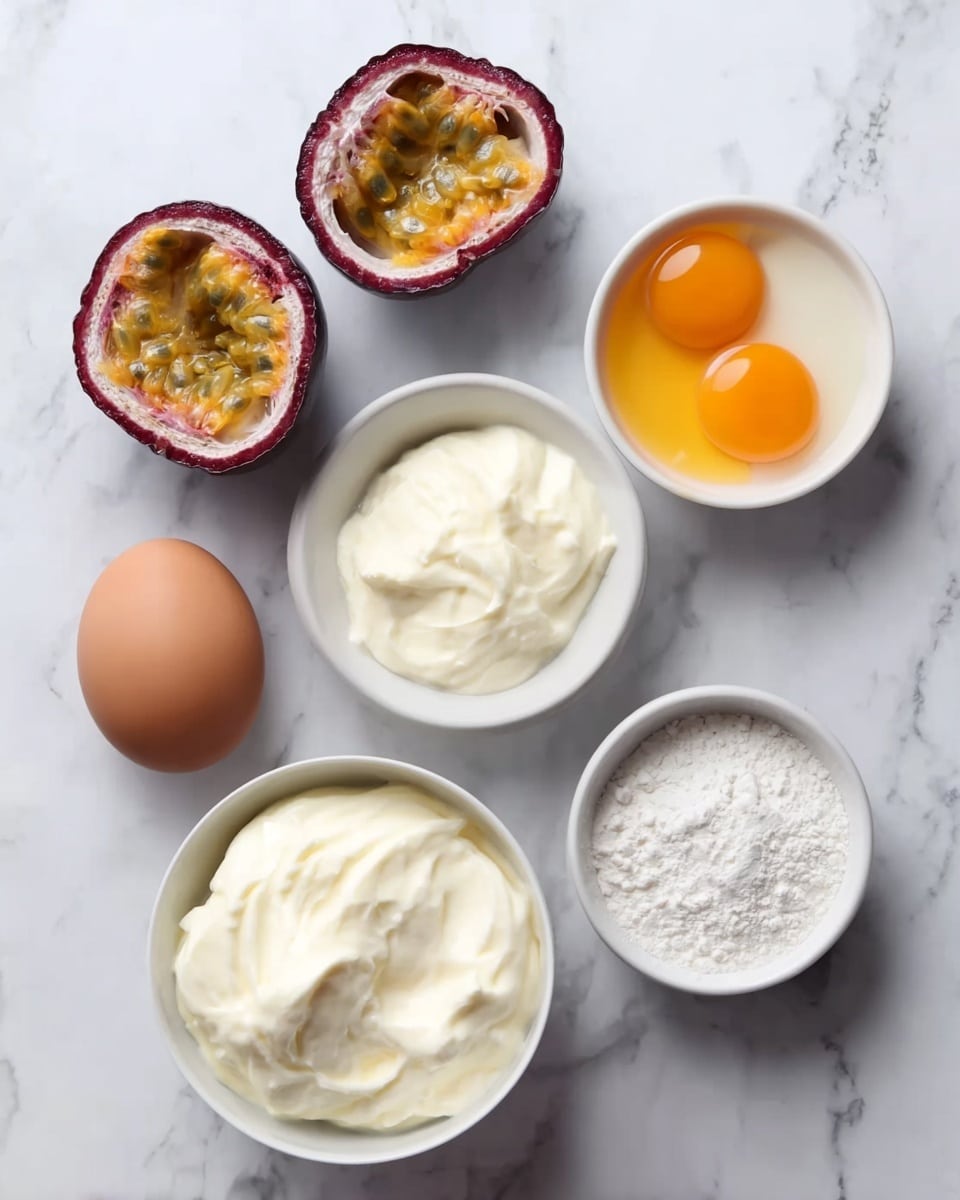 The image shows several ingredients arranged on a white marbled surface. In the center left, there is a white bowl filled with a thick, creamy, off-white mixture with a smooth, slightly swirled texture. Just above this bowl is another small white bowl containing two raw egg yolks surrounded by clear egg whites, both bright yellow and translucent. To the right of the egg yolks lies a single brown egg with a smooth shell. Below the brown egg is a small white bowl filled with a thick, white, fluffy substance that looks light and soft. Next to this bowl is another small white dish filled with a fine, white powder. Below the central bowl and the powder bowl are two halves of a passion fruit, each showing a dark purple outer rind and a bright orange-yellow interior filled with shiny, jelly-like seeds. The overall setup features clean, bright colors and simple layering, all placed on a white marbled surface photo taken with an iphone --ar 4:5 --v 7