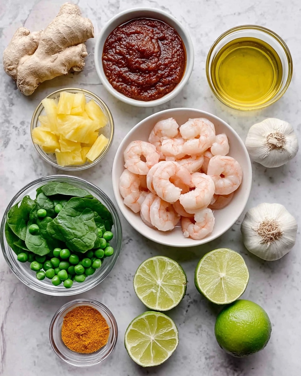 A white square bowl filled with many pale pink shrimp is placed near the center on a white marbled surface. Around it are small white bowls holding different ingredients: bright green peas and spinach leaves in one bowl at the bottom left, light yellow pineapple chunks in another bowl above it, a deep red-brown thick sauce in a bowl above the shrimp, and a mustard-yellow powder spice in a small glass bowl at the bottom center. Whole garlic bulbs and two cut lime halves sit on the right side, with a clear glass bowl of golden oil near the top right. Above the red sauce, there is a small white bowl of light brown powder, and fresh ginger root is placed on the top left. photo taken with an iphone --ar 4:5 --v 7
