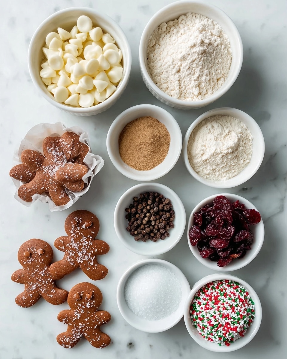 The image shows a white marbled surface with eight white bowls and three gingerbread cookies arranged neatly. The top left bowl is filled with small white chocolate chips, round and smooth. To the right, a bowl holds fine white flour. Below the flour, a smaller bowl contains light brown cinnamon powder. Next to it is a bowl with coarse white salt crystals. Below the cinnamon is a bowl filled with whole brown cardsamom pods. Adjacent to it, a bowl is packed with dark red dried cranberry pieces. At the bottom right, a bowl holds colorful sprinkles in green, red, and white. Finally, three gingerbread cookies in traditional gingerbread man shapes sit in the bottom left area, a light dusting of sugar crystals visible on their brown textured surface. Photo taken with an iphone --ar 4:5 --v 7