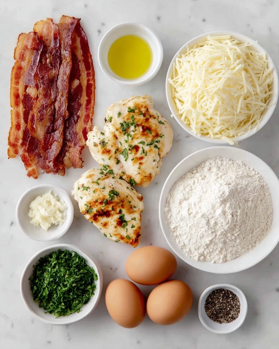The image shows a white marbled surface with several cooking ingredients arranged neatly. At the top left, there is a stack of crispy cooked bacon strips with a reddish-brown color. To the right, there is a small white bowl filled with golden yellow olive oil, and next to it, a clear bowl filled with shredded white cheese. Below the cheese, there is a white bowl filled with white flour. At the bottom right are three brown eggs grouped together. To the left of the eggs, there is a small white bowl with fresh green chopped herbs. Below the herbs, there are two small white bowls; one filled with mixed black and white peppercorns and the other with white coarse salt. At the bottom left, two grilled chicken breasts with a white base color and browned, seasoned spots are placed side by side. Photo taken with an iphone --ar 4:5 --v 7