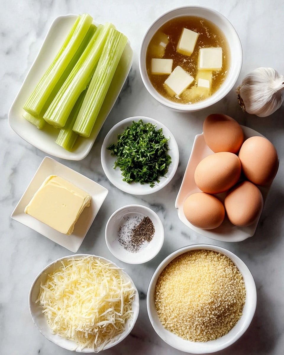 The image shows a white marbled surface with several small white bowls and containers arranged neatly. There are four light brown eggs in a small white square container at the bottom left, next to a bowl filled with finely grated pale yellow cheese. Above it to the center left are thick, peeled celery sticks laid side by side. A small pile of dark green chopped parsley sits in a white round bowl at the center. To the right of the parsley bowl is a white bowl filled with golden-yellow couscous grains. Above the couscous is a peeled whole garlic bulb. Next to the garlic to the left is a small light yellow block of butter. Above the butter is a white bowl with melted butter pieces floating in light yellow liquid. To the right of the butter bowl is a small white round bowl filled with black and white cracked pepper. The layout is clean and simple on the white marbled surface. photo taken with an iphone --ar 4:5 --v 7