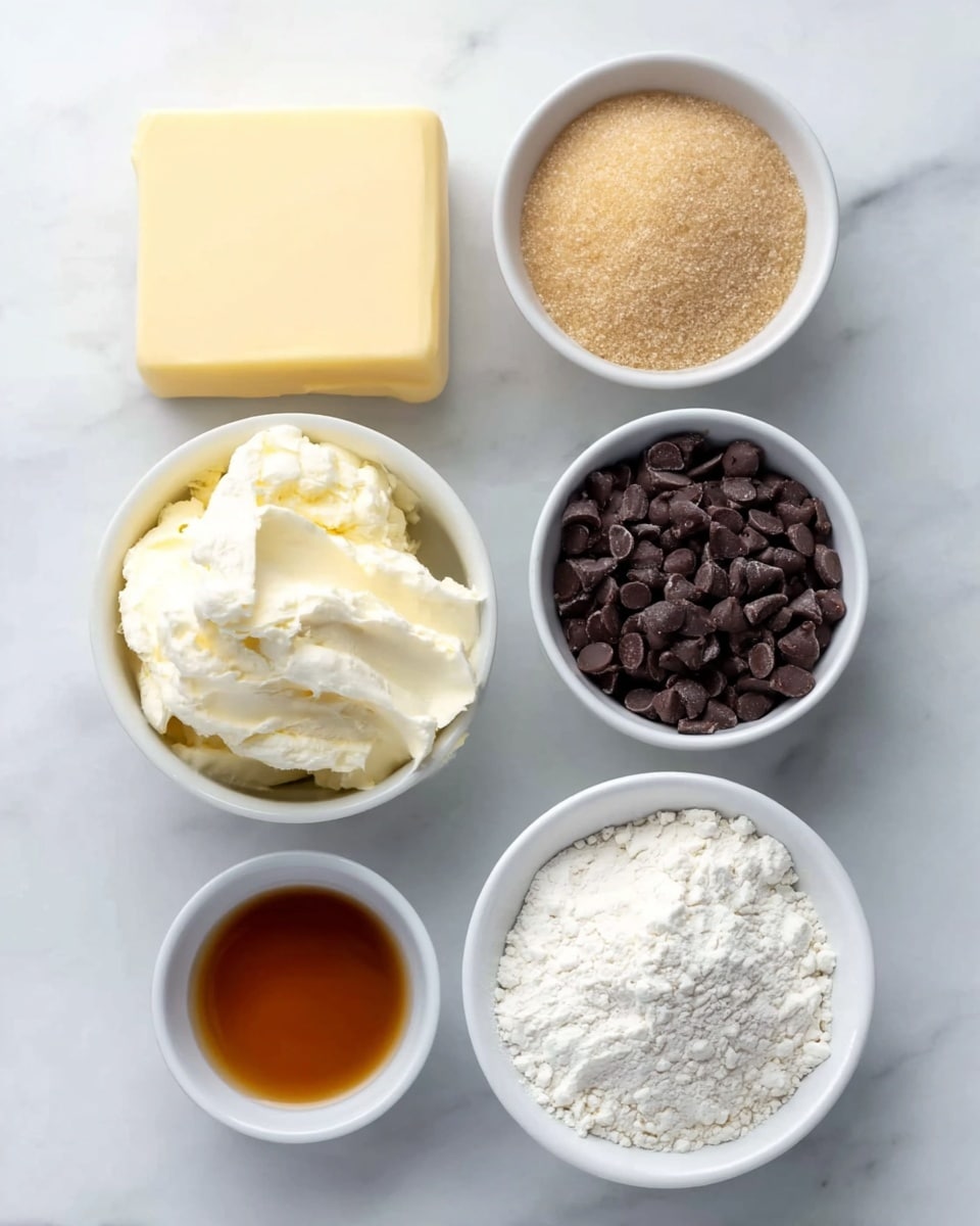 The image shows six white bowls and a block of butter on a white marbled surface. The top left holds a pale yellow rectangular block of butter. Below it, a white bowl is filled with soft cream cheese colored pale yellow. To the right of the block is a small bowl with light brown sugar grains. Below it, a slightly bigger bowl contains a golden amber liquid, likely vanilla extract. At the bottom left, a bowl is filled with small, dark brown chocolate chips. Lastly, at the bottom right, a bowl holds fine white flour, creating a soft mound. All items are neatly arranged and brightly lit. photo taken with an iphone --ar 4:5 --v 7