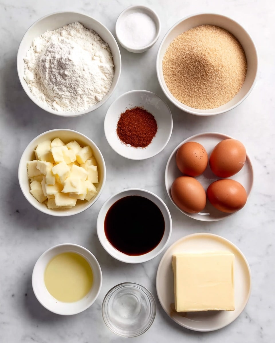 The image shows nine white bowls and four brown eggs on a white marbled surface. The top left bowl is filled with white flour, and next to it on the right is a bowl with light brown sugar. Below the flour is a small bowl with white granulated sugar, and to its right is a small bowl with cinnamon powder. On the right side of the cinnamon and sugar bowls are four whole brown eggs arranged in two rows. Below the sugar bowl is a small bowl with light yellow oil, and next to it on the right is a bowl with dark brown liquid, likely vanilla extract. At the bottom left is a bowl with chopped light yellow apples, and on the bottom right is a bowl with a square piece of pale yellow butter. photo taken with an iphone --ar 4:5 --v 7