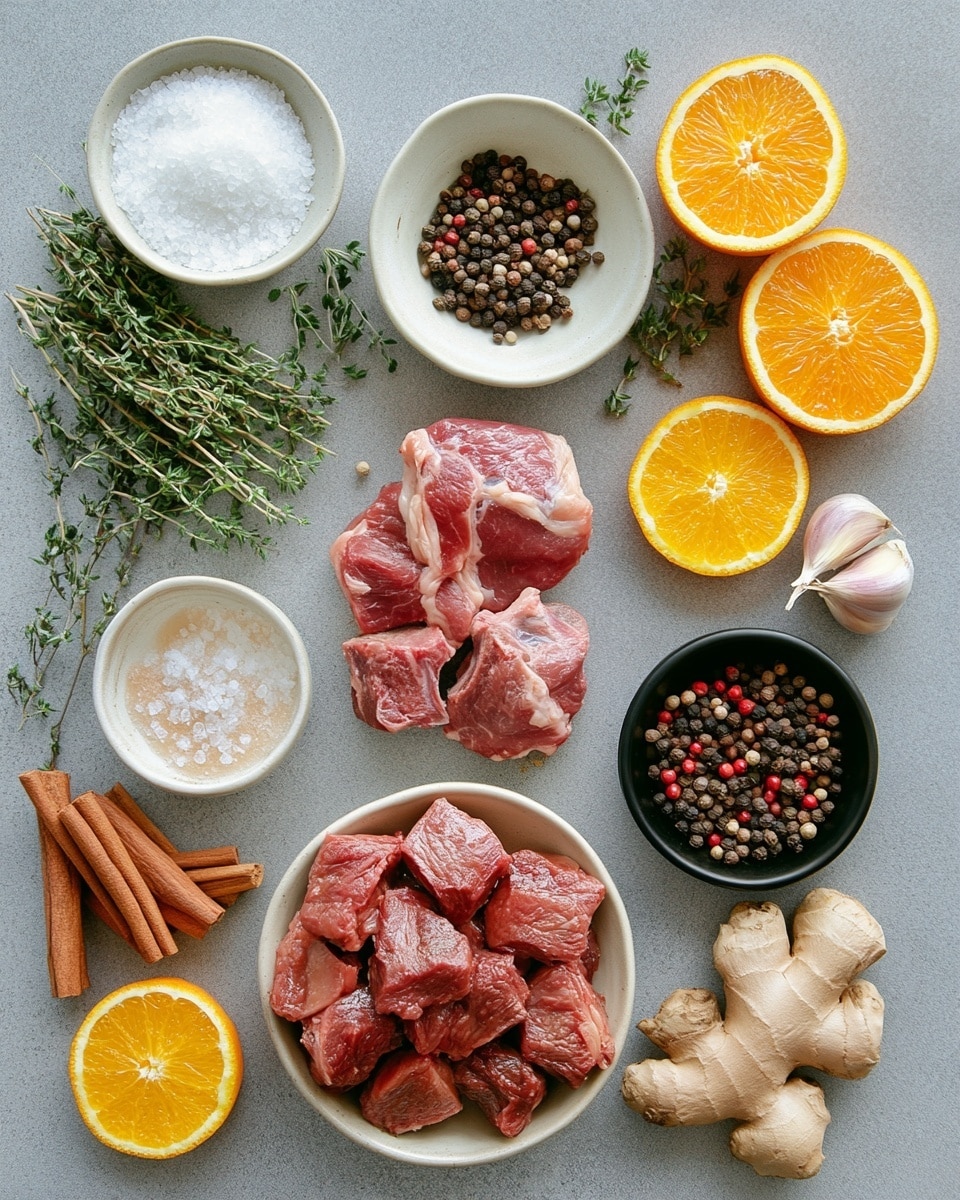 A white bowl filled with dark brown chunks of stewed meat in a rich, slightly oily sauce sits on a white marbled surface. On top of the meat are two brown cinnamon sticks, a small bright orange pepper, and a sprig of green thyme. A dark wooden spoon rests inside the bowl on the right side, slightly placed on the edge. The background includes a rustic beige cloth partially under the bowl. photo taken with an iphone --ar 4:5 --v 7