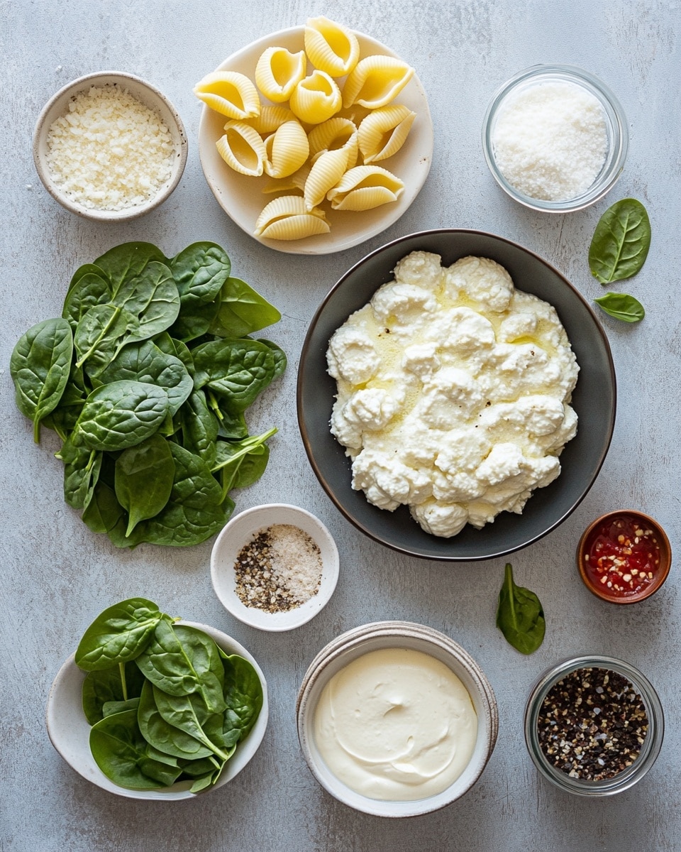 A white rectangular baking dish holds 15 large pasta shells arranged in three rows, each shell filled with a creamy white cheese and green spinach mixture, sprinkled lightly with chopped herbs. The shells rest on a bright red tomato sauce layer at the bottom of the dish, visible around the edges of the pasta. A silver spoon is placed inside the dish on the right side, partially touching the sauce. The dish sits on a white marbled surface, with a beige plate of toasted bread garnished with herbs in the top left corner, a small bowl of coarse salt with a wooden spoon at the top right, and a small wooden plate with chopped green herbs in the bottom left. A blue and white checkered cloth is partially visible under the right side of the dish. photo taken with an iphone --ar 4:5 --v 7