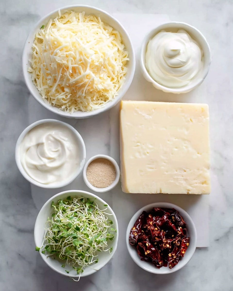 The image shows six white bowls arranged on a white marbled surface, each holding different ingredients. At the top left, there is a bowl full of shredded white cheese with a soft texture. Next to it on the right is a bowl with thick white cream, smooth and swirled slightly on top. Below these, there is a large square block of firm white cheese with a slightly crumbly texture. To the left of this block, a small bowl contains light brown granulated powder, and below it, another bowl holds a small bunch of fresh green sprouts with delicate leaves. At the bottom right, a bowl contains dark red sun-dried tomatoes, slightly wrinkled and glossy. Another bowl at the bottom center holds a white creamy sauce. All items are neatly placed and clearly visible. photo taken with an iphone --ar 4:5 --v 7