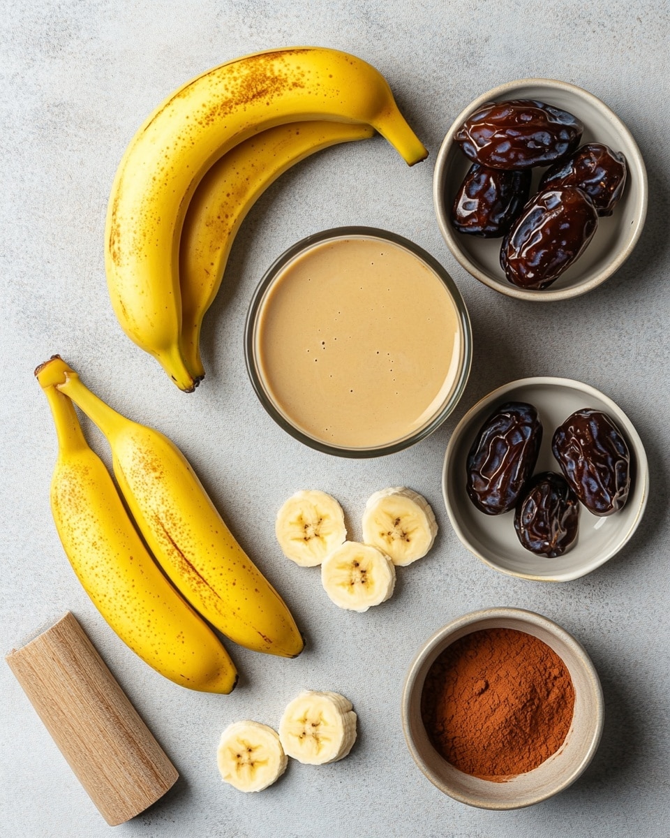 Two clear glass mason jars filled with a creamy, light brown smoothie are placed on a brown textured cloth over a white marbled surface. Each jar has a thick layer of white whipped cream on top, sprinkled with dark chocolate shavings. A shiny gold straw stands upright in each jar. Some dark brown dates are scattered on the white marbled surface around the jars. The background is a soft, light grey. Photo taken with an iphone --ar 4:5 --v 7