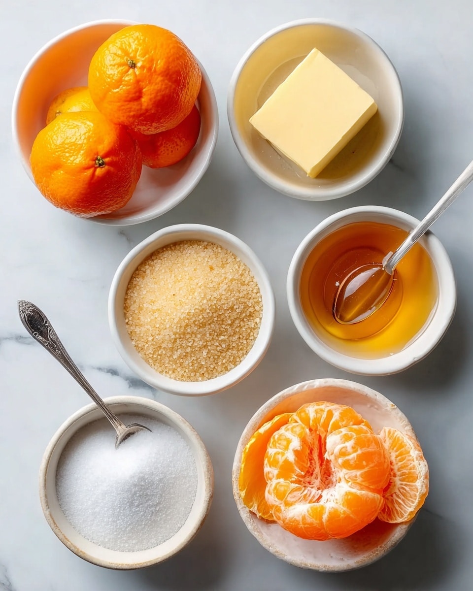 The image shows six small white bowls placed on a white marbled surface, each holding different ingredients: one with white sugar, one with golden brown sugar, one with two light yellow butter slices, and one with white salt. There is also a small green bowl with amber-colored honey and a spoon inside it. Alongside the bowls, there are three whole bright orange mandarins in a white bowl and one peeled mandarin half showing its juicy segments. The arrangement is neat with clear colors and textures visible for each ingredient, photo taken with an iphone --ar 4:5 --v 7