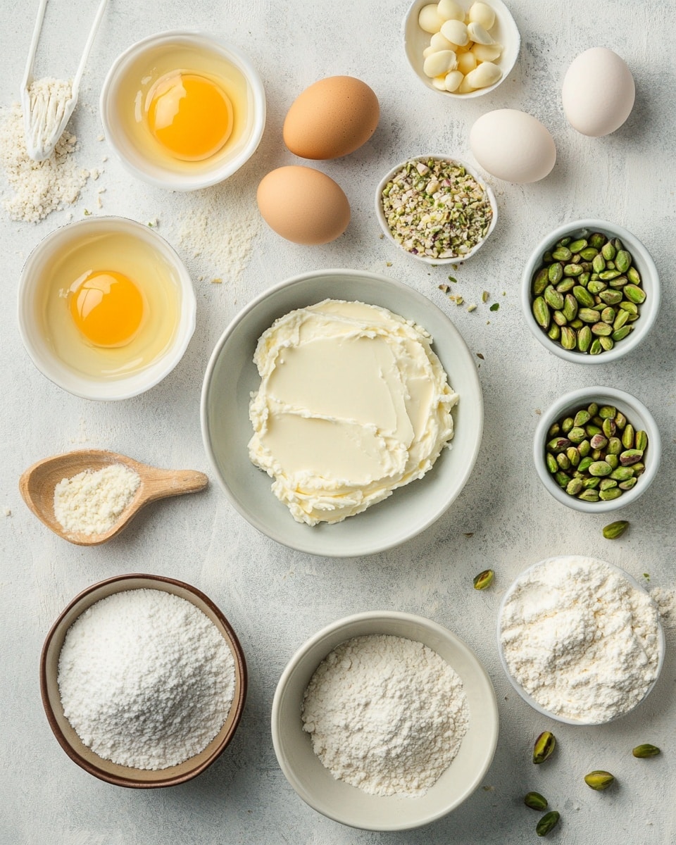 A small round green cake with a soft, spongy texture sits on a white plate with a white marbled surface background. The cake has one thick layer with a smooth green filling inside that is flowing out onto the plate. The top is dusted with white powdered sugar and sprinkled with small pieces of chopped pistachios. A silver spoon is placed on the left side of the plate. Photo taken with an iphone --ar 4:5 --v 7