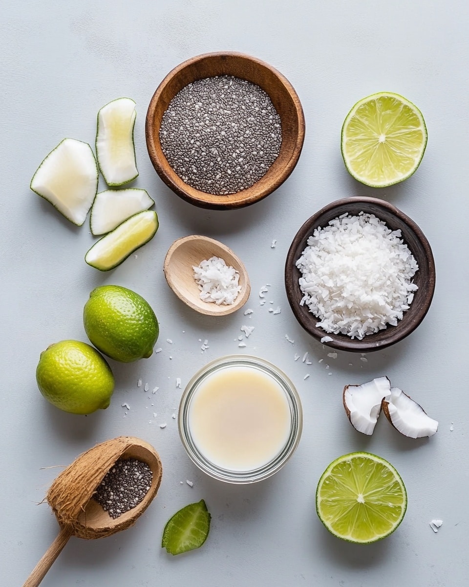 The image shows five square pieces of a dessert placed on a white plate with a white marbled texture background. Each square has two visible layers: a light brown crumbly base and a thick white creamy top layer sprinkled heavily with small black chia seeds and shredded coconut. Bright green lime zest is scattered over all pieces for decoration. Two of the dessert squares have a fresh lime wedge on top, and a spoon rests on the plate with a lime slice on it. The lighting highlights the textures and colors clearly. Photo taken with an iphone --ar 4:5 --v 7