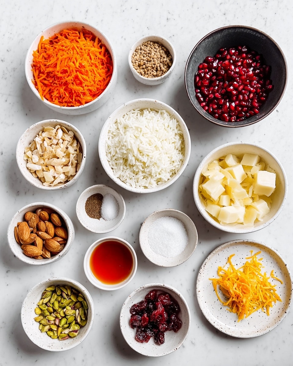The image shows an assortment of ingredients in 13 small white or light ceramic bowls arranged on a white marbled surface. Starting from the top left, there is a bowl of thin orange carrot sticks, next to it a bowl filled with gleaming red pomegranate seeds, above that a small white bowl holds three different spices in brown, dark brown, and reddish tones. To the top right, a larger bowl contains uncooked white rice. Below the spices, a large bowl is filled with finely chopped white onions. Next, a bowl with light beige sliced almonds rests beside a dark bowl with golden raisins. Near the bottom left, small bowls contain two rectangular white butter blocks, dried red barberries, and pale yellow strips of lemon zest. Finally, a small bowl to the right holds greenish-brown pistachios, and another near the top right contains salt and pepper. photo taken with an iphone --ar 4:5 --v 7