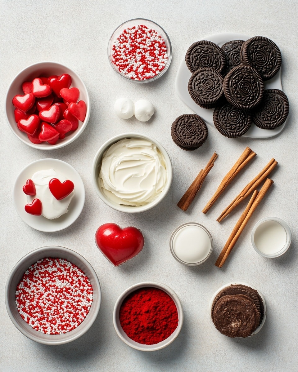 The image shows several small round treats coated in smooth light green icing, each decorated with thin lines of darker green drizzle evenly spaced across the tops and sides. On top of each treat sits a small red heart-shaped decoration. These treats are arranged closely together on a textured brown mat that lies on a white marbled surface. Some of the green drizzle has spread loosely around the treats on the mat. The overall colors are bright green and red on a natural brown and white marbled background. photo taken with an iphone --ar 4:5 --v 7