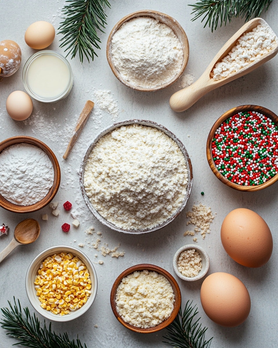 A rectangular loaf cake is sliced into six thick pieces, each slice showing a soft, light yellow crumb with scattered small red and green bits inside. The top of the cake has a white glaze drizzled over it, sprinkled with small red and green round sprinkles evenly spread. The cake sits on a long white rectangular plate placed on a white marbled surface. In the background, there are blurred Christmas decorations including red baubles, pine cones, and green pine branches with warm yellow lights glowing softly. photo taken with an iphone --ar 4:5 --v 7