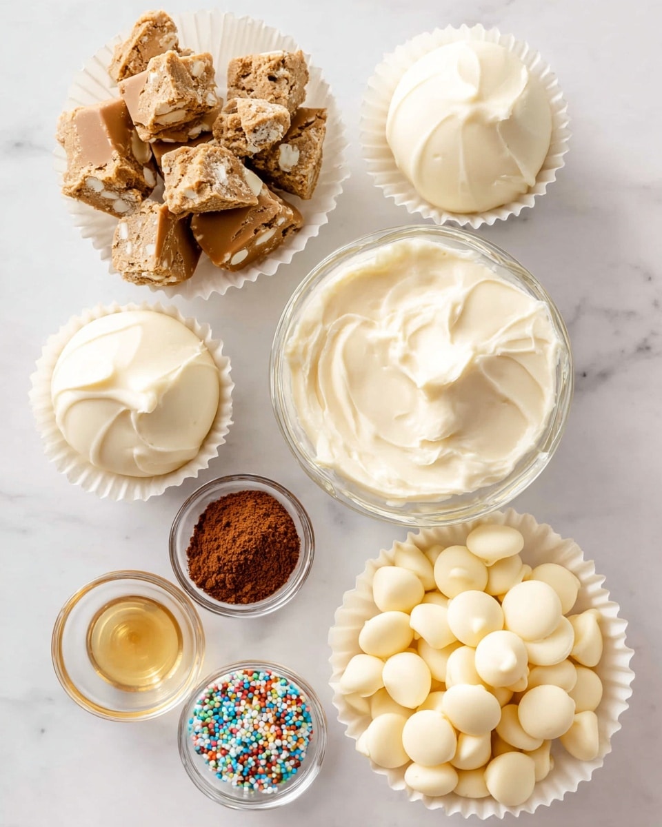 The image shows six small containers placed on a white marbled surface. In the top left, a white bowl is filled with crumbled brown pieces that look like dry chunks. To its right, a clear glass bowl holds a thick, creamy white substance with a smooth texture. Below the crumbled pieces, there are two small clear glass bowls; the left one has a reddish-brown powder while the right one has a darker brown powder. At the bottom left, a small white bowl with a speckled rim contains a light amber liquid. The largest container is a clear glass bowl at the bottom right, filled to the top with many pale yellow, round, smooth pieces resembling large drops or chips. Photo taken with an iphone --ar 4:5 --v 7
