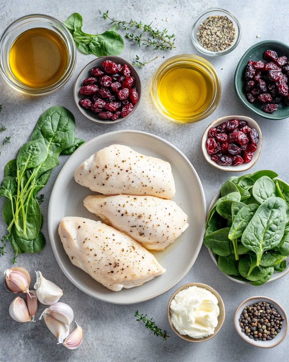 Three pieces of thick, cooked chicken each stuffed with a creamy mixture of bright green spinach and white cheese. The chicken is golden brown with visible herbs on the surface. Each piece is topped with bright red cranberries and a small green sprig of rosemary in the center. The plate is white with a smooth finish and garnished with extra rosemary sprigs around the chicken. The photo is taken on a white marbled surface with warm lighting creating a cozy feeling. Photo taken with an iphone --ar 4:5 --v 7