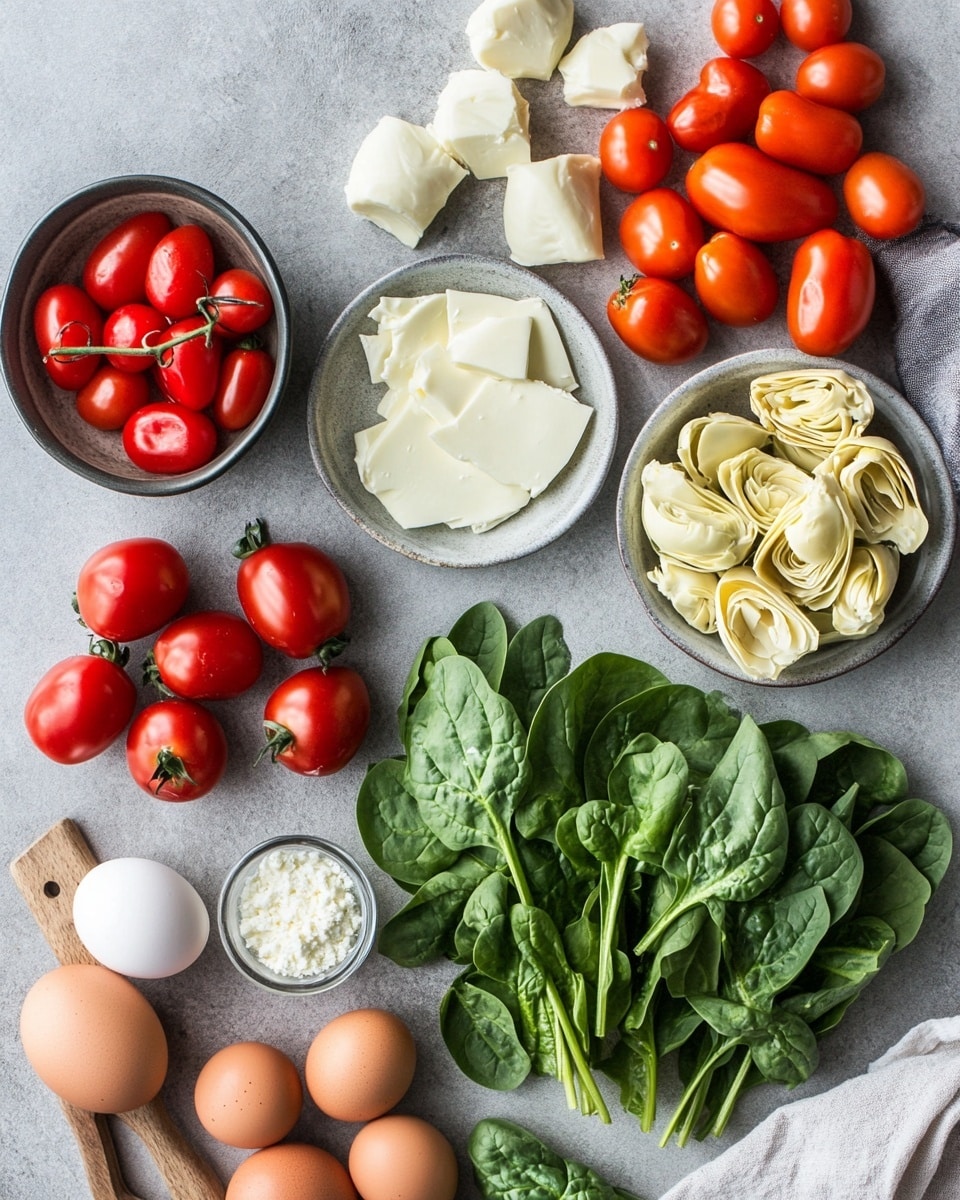 A round pastry wreath with a golden-brown crust, twisted to show green spinach and white cheese filling in each section, topped with small bright red cherry tomatoes placed evenly around the circle, and a large red bow shape made from bell pepper resting on one side. The wreath is on a white plate set on a white marbled surface with a striped cloth and pine cones in the background. The crust looks flaky and sprinkled with a light layer of cheese or seasoning photo taken with an iphone --ar 4:5 --v 7