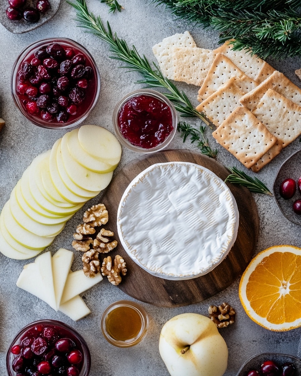 This image shows a round white cheese wheel with a soft, creamy white inside and a light beige rind. On top of the cheese, there is a thick layer of dark red jam mixed with glossy, golden brown walnuts. Around the cheese, there is a neat ring of light brown crackers standing up. In front of the cheese, there are thin slices of red and yellow apple arranged in a fan shape. A small sprig of green rosemary and a slice of bright orange add a fresh touch on the left side. Everything sits on a white marbled surface. photo taken with an iphone --ar 4:5 --v 7