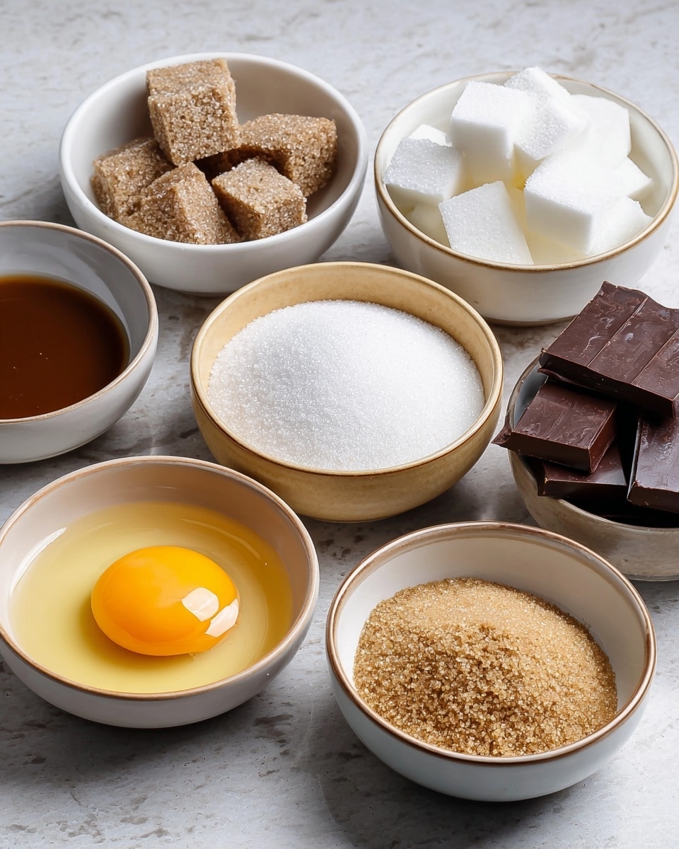 Seven bowls of ingredients are placed on a white marbled surface. In the front right, a white bowl with a thin dark rim holds a single raw egg with a bright orange yolk and clear egg white. To the left, a white bowl contains coarse light brown granulated sugar piled in a small mound. Behind it, a similar bowl is filled with fine white sugar piled evenly. Next to it on the far right, a white bowl holds many rectangular pieces of solid milk chocolate stacked unevenly. On the far left, a small brown bowl contains several light brown soft blocks. Below it, a small white bowl has a light brown liquid. In the center back, a white bowl holds large white sugar cubes stacked loosely. The scene is bright and simple, with clear visibility of textures and colors. Photo taken with an iphone --ar 4:5 --v 7