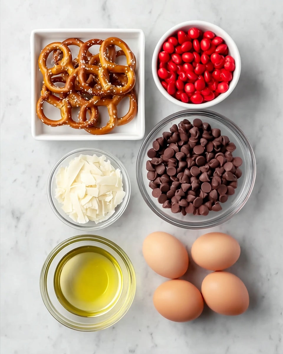 The image shows six cooking ingredients arranged neatly on a white marbled surface. At the top left, there is a square white dish filled with golden brown pretzels with salt visible on them. To the right, a round white bowl holds bright red candy-coated chocolates with white letter 