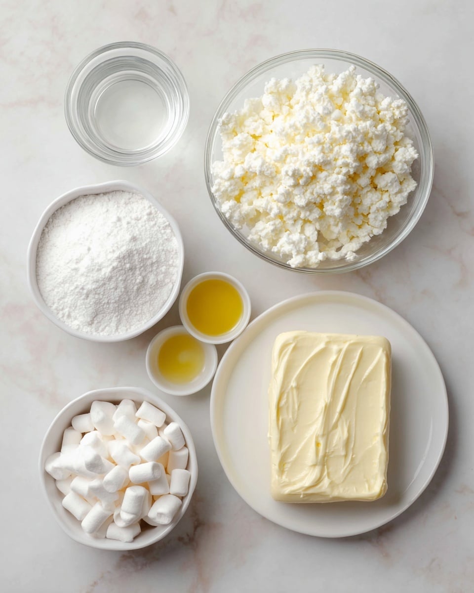 The image shows six small white bowls and a small white plate arranged on a white marbled surface. The small white plate holds a block of smooth cream cheese, pale yellow in color, in the center. To the top right of the plate is a white bowl filled with crumbly cottage cheese, white and textured. Above the plate is a white bowl with clear liquid, likely milk or water. To the left of the plate, a white bowl contains bright yellow olive oil. Below the olive oil bowl is a white bowl filled with fine white powdered sugar. To the right of the powdered sugar, another white bowl holds small, cylindrical white mini marshmallows. The entire scene is clean and bright, with soft natural lighting. Photo taken with an iphone --ar 4:5 --v 7