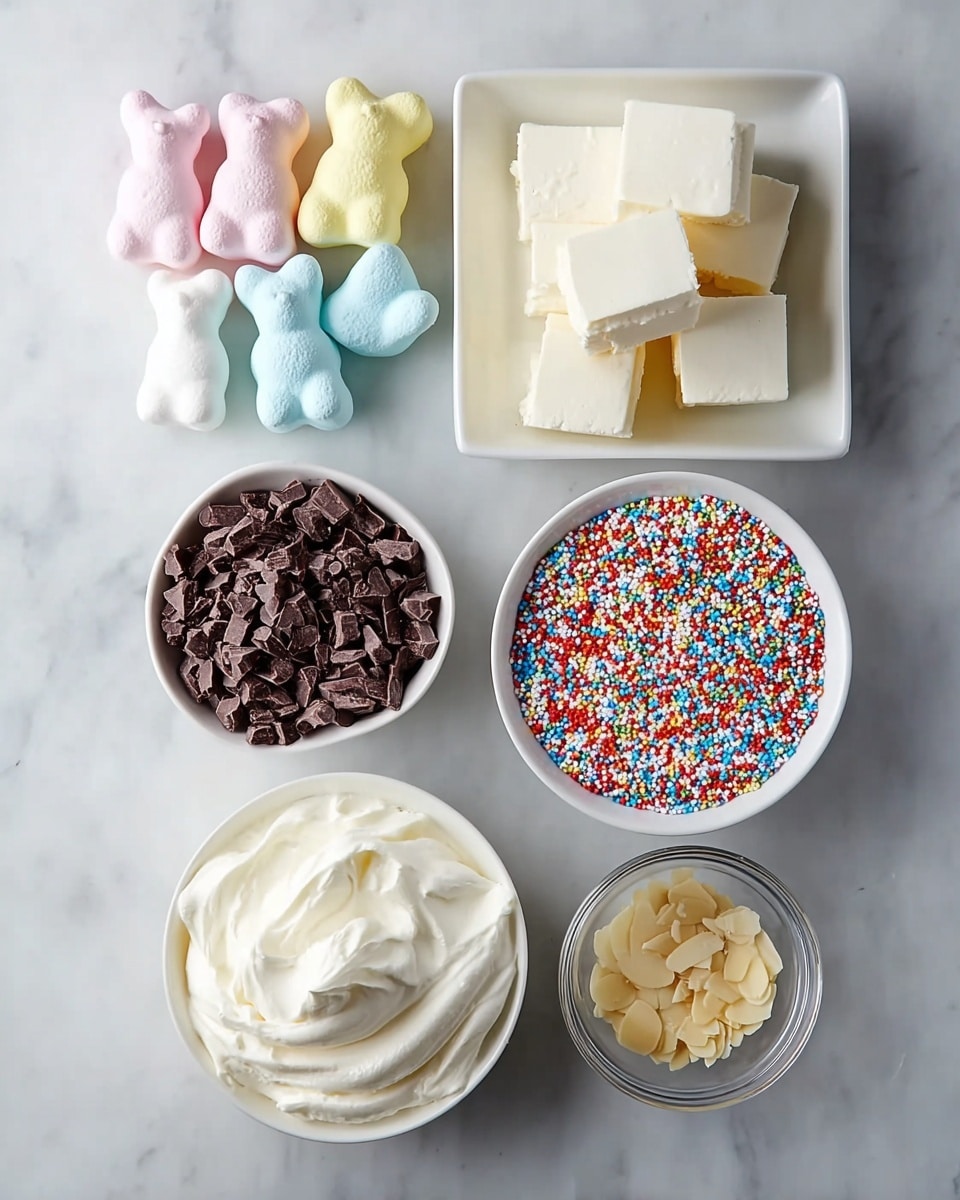 The image shows six small white bowls and plates arranged neatly on a white marbled surface. In the top left corner, there are pastel-colored candies shaped like bears in soft pink, blue, yellow, and white. To the right of the candies, a white square plate holds thick white blocks stacked closely together. Below the candies, a white bowl is filled with small dark brown chocolate chunks. Next to that is another white bowl filled with tiny, round, multicolored sprinkles in red, blue, green, yellow, and white. In the bottom left corner, a white bowl contains smooth, creamy white frosting. Lastly, in the bottom right corner, a clear glass bowl holds thin, light beige almond slices with a slightly curved texture. photo taken with an iphone --ar 4:5 --v 7