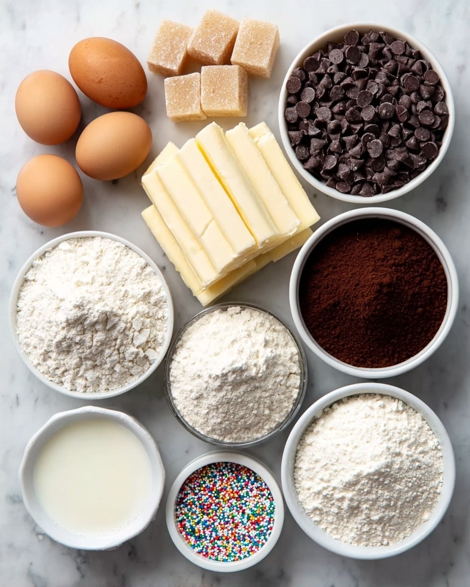 There is a white marbled background holding multiple small white bowls and ingredients arranged neatly. Starting from the top left, a large pile of white flour rests directly on the surface. To its right, a white bowl is filled with many small dark brown chocolate chips. Below the chips, three stacked rectangular blocks of light yellow butter sit side by side. Next to the butter on the right, a white bowl contains dark brown cocoa powder. Under the butter and cocoa powder, a white bowl holds white powder that looks like powdered sugar or cornstarch. Below the flour on the left side, three light brown eggs are placed closely together on the surface. To the right of the eggs, a small white bowl contains colorful round sprinkles in red, blue, yellow, green, and white. Above the sprinkles and next to the eggs, a white bowl holds light golden sugar cubes. Finally, in the middle, a white bowl with smooth white liquid, likely milk, completes the set. Photo taken with an iphone --ar 4:5 --v 7