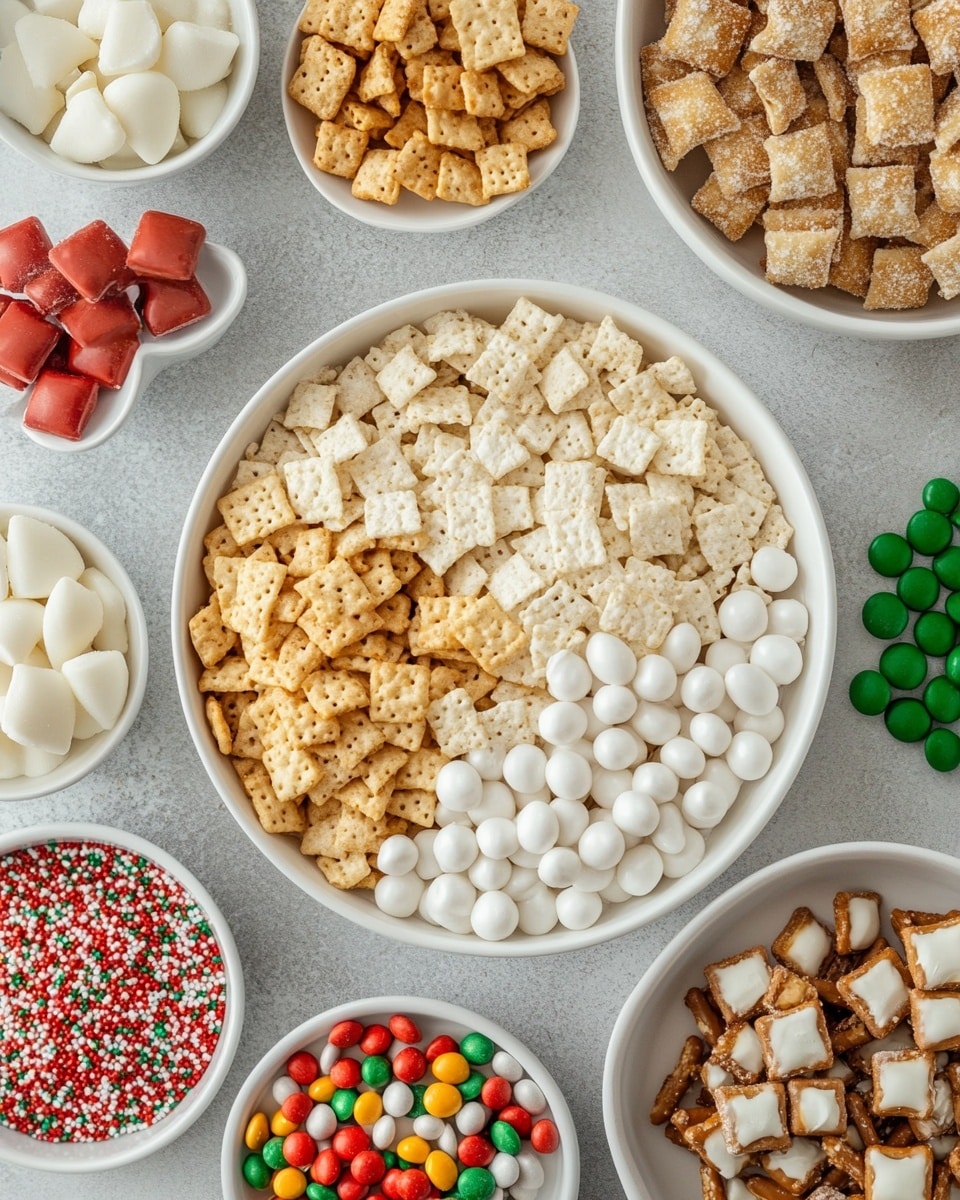 The image shows a large silver baking tray filled with a mix of square and triangular light tan cereal pieces scattered all over. Mixed in are small clusters covered with white, sticky coating and sprinkled with red and green round candies resembling tiny M&Ms. There are also tiny round sprinkles in red, green, and white sprinkled randomly across the mixture. The tray is lined with white parchment paper, and the background surface has a smooth white marble look. photo taken with an iphone --ar 4:5 --v 7
