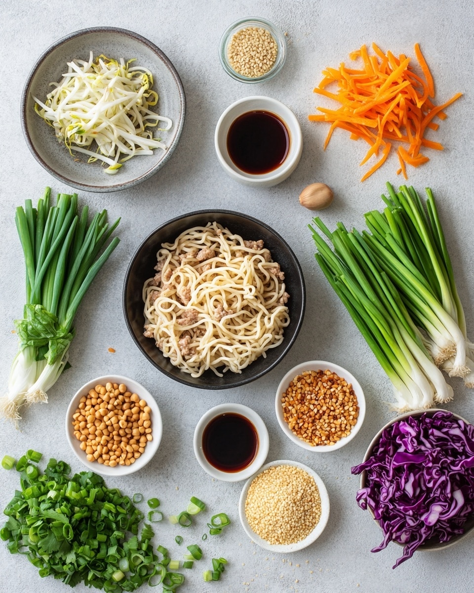 A close-up image of wide flat noodles that are light brown in color, mixed with crumbled cooked meat that has a slightly darker brown shade. There are thin strips of white cabbage and small pieces of vegetables like green onions and orange carrots scattered among the noodles. The noodles and toppings are in a large white bowl with a smooth and shiny surface. A pair of black tongs is lifting a portion of the noodles and meat, showing the texture and layers clearly. The background is a white marbled texture. photo taken with an iphone --ar 4:5 --v 7