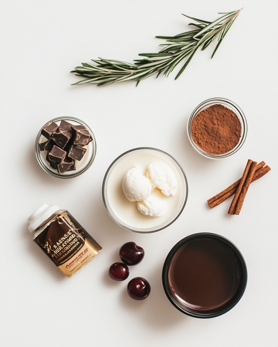 A clear glass mug filled three-fourths with a dark brown drink, topped with a thick layer of white whipped cream that slightly spills over the edges. On top of the cream, there is a bright red cherry in the center and two sprigs of green rosemary placed like antlers behind the cherry. A black and white striped straw is inserted in the drink near the left side of the mug. The mug rests on a white marbled surface with small bottles of amber-colored Fireball whiskey and several black and white patterned paper straws scattered around. The background is softly blurred with more bottles and rosemary sprigs visible. Photo taken with an iphone --ar 4:5 --v 7