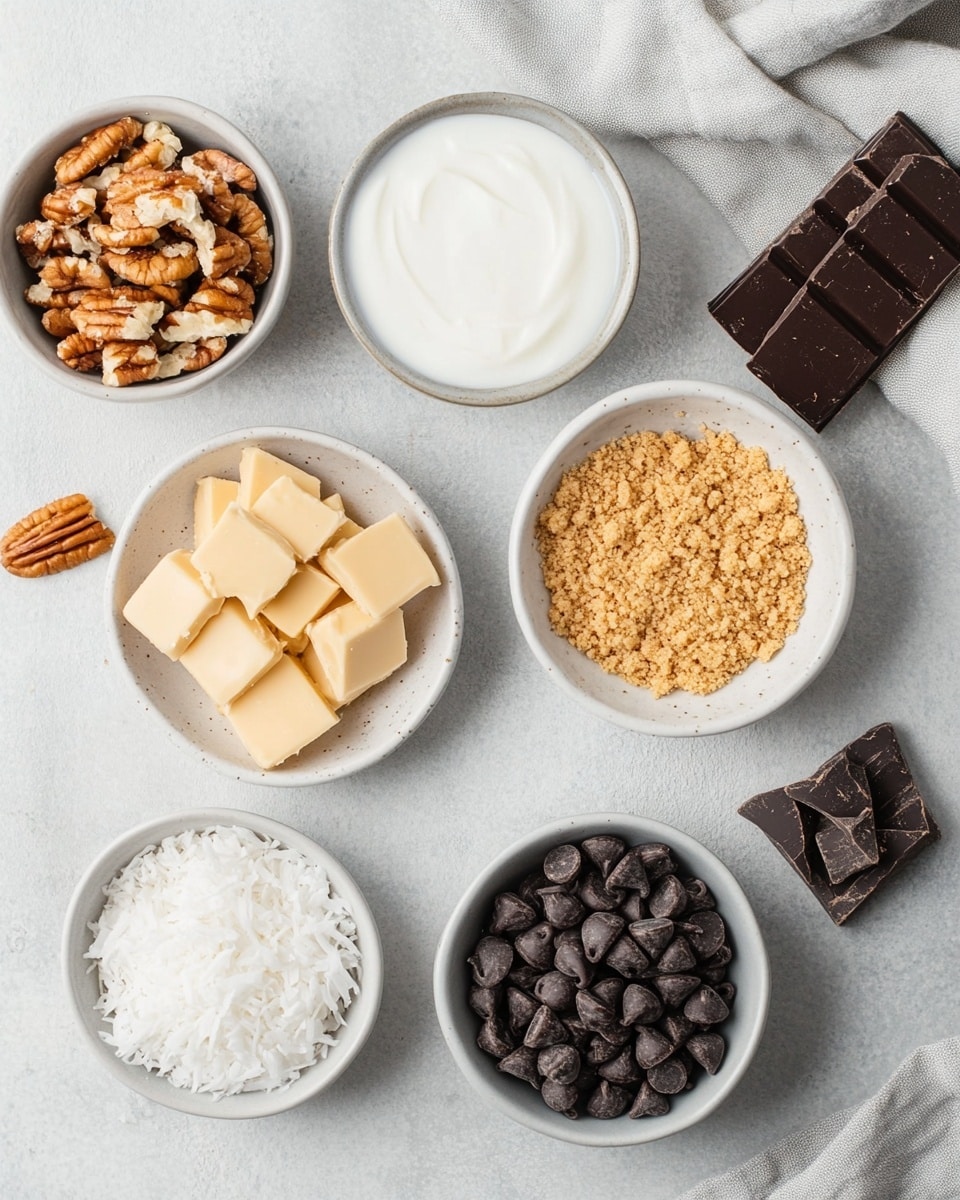 Three square bars stacked on a wooden board, each bar having three visible layers: a thin golden brown crumbly base, a thick middle layer full of light brown peanut butter chips mixed with dark brown chocolate chips and bits of nuts, and a top layer covered with shredded white coconut and scattered pecan pieces along with more chocolate and peanut butter chips. The background shows blurred white cups and a white bowl filled with dark chocolate chips. The surface beneath everything is a white marbled texture. photo taken with an iphone --ar 4:5 --v 7
